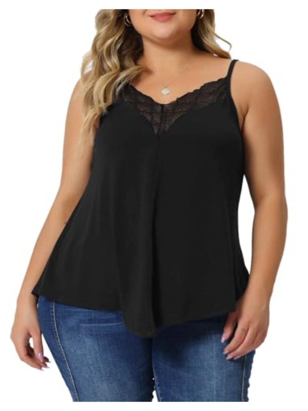 Plus Size Lace Front Spaghetti Strap Tank Top V Neck Sleeveless Summer